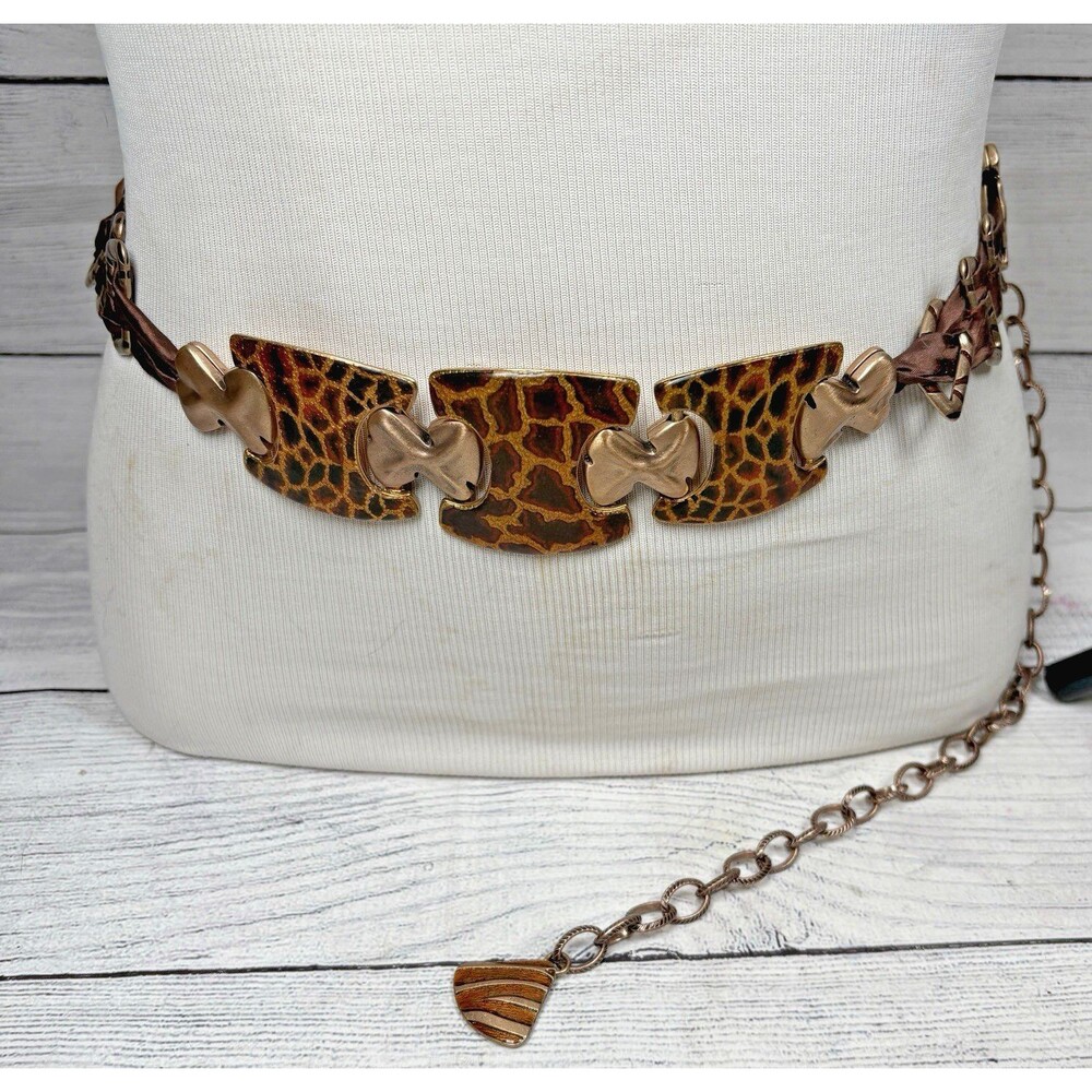 Chicos Giraffe Printed Gold Tone Metal Belt Animal Print Brown Fabric Chain